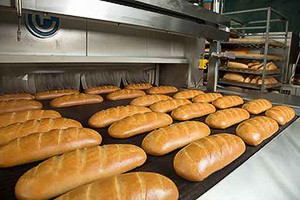 Hot baked breads on a line